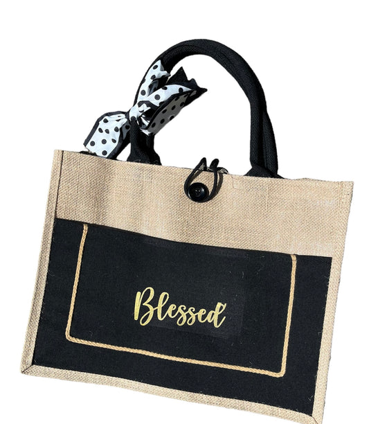 Burlap Blessed Tote Bag