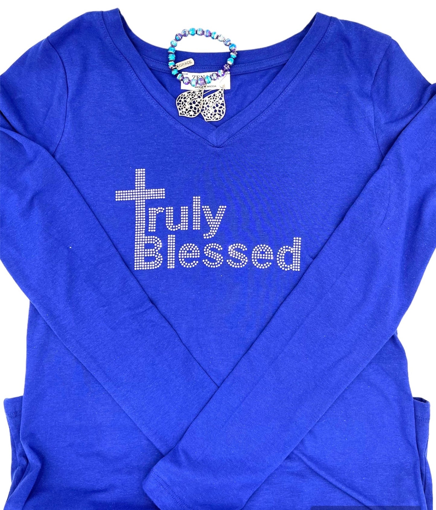 Royal Blue Rhinestone Long sleeve Truly Blessed Tee