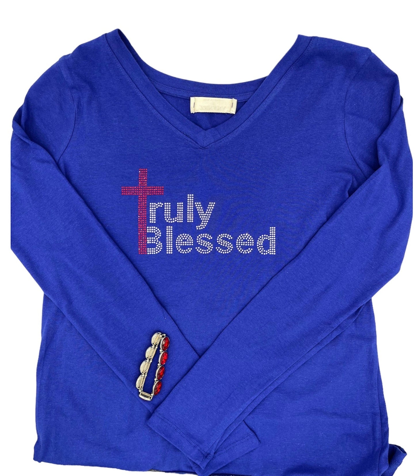 Royal Blue Rhinestone Long sleeve Truly Blessed Tee