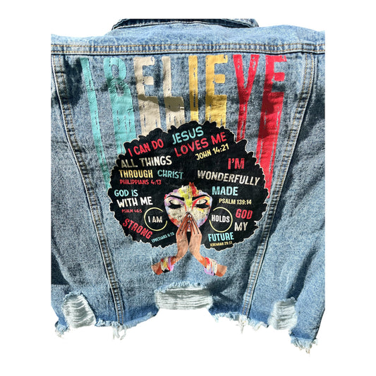 I Believe Distressed Denim Jacket